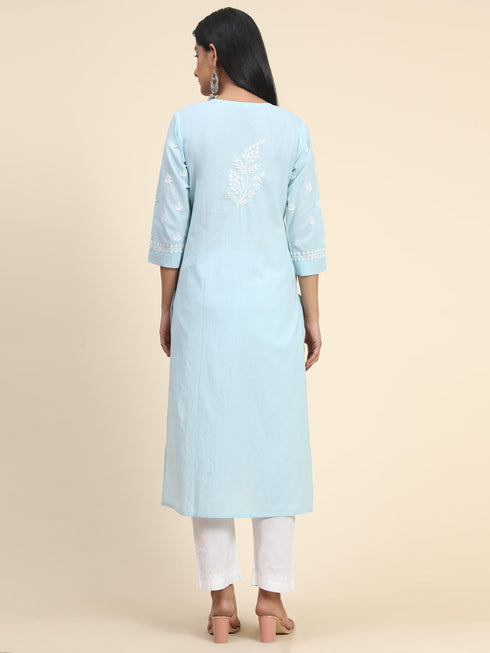 Chikankari Hand embroidery Round neck Dress with Pocket- Sky Blue